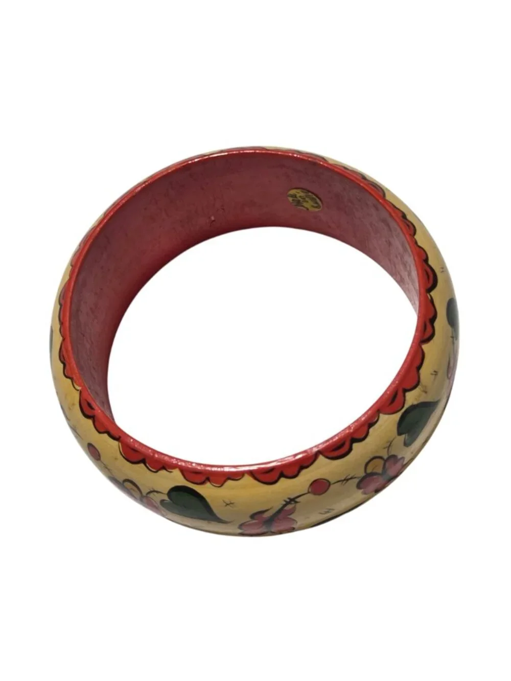 Hand Painted Wooden Bangle Bracelet Yellow Orange Floral Design Fashion Jewelry